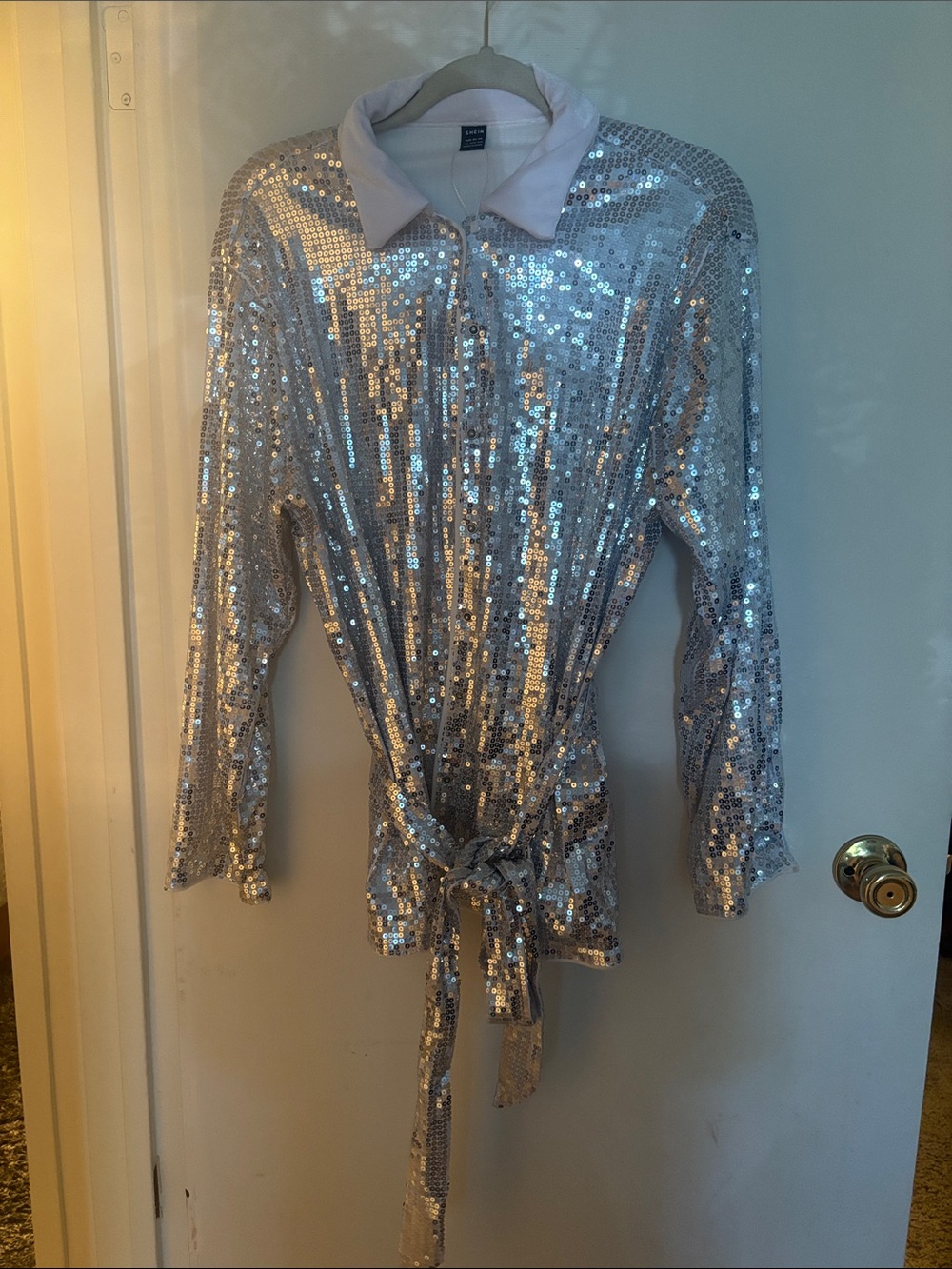 SHEIN Silver Sequin Tie-Waist Button Down Shirt